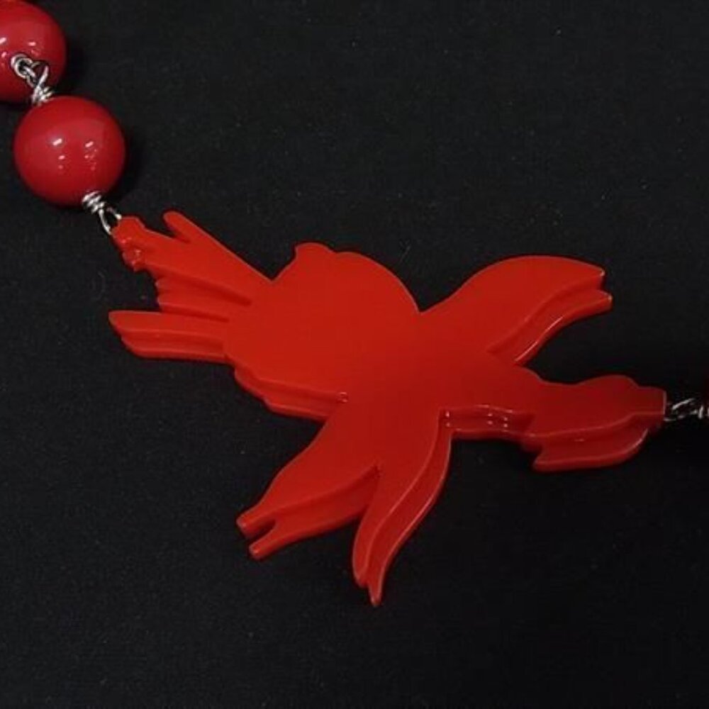 Prada Necklace Red Silver Plex Crystal Bird Tri Flower Hana - Picture 4 of 5